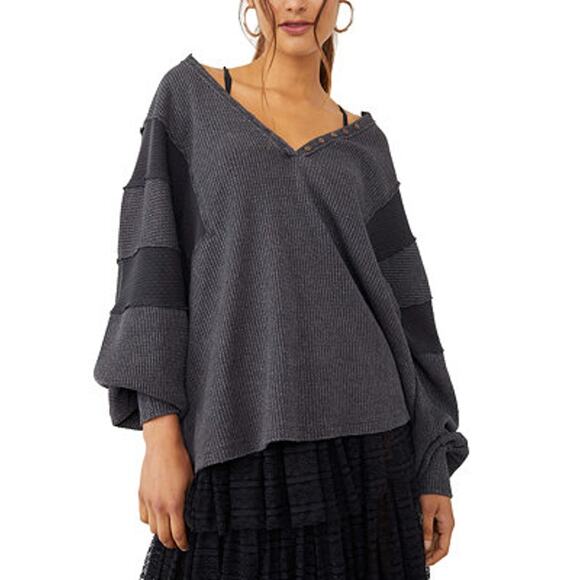 Free People Callisto Pierced Henley Oversized Top in Gray - Small - Picture 1 of 8